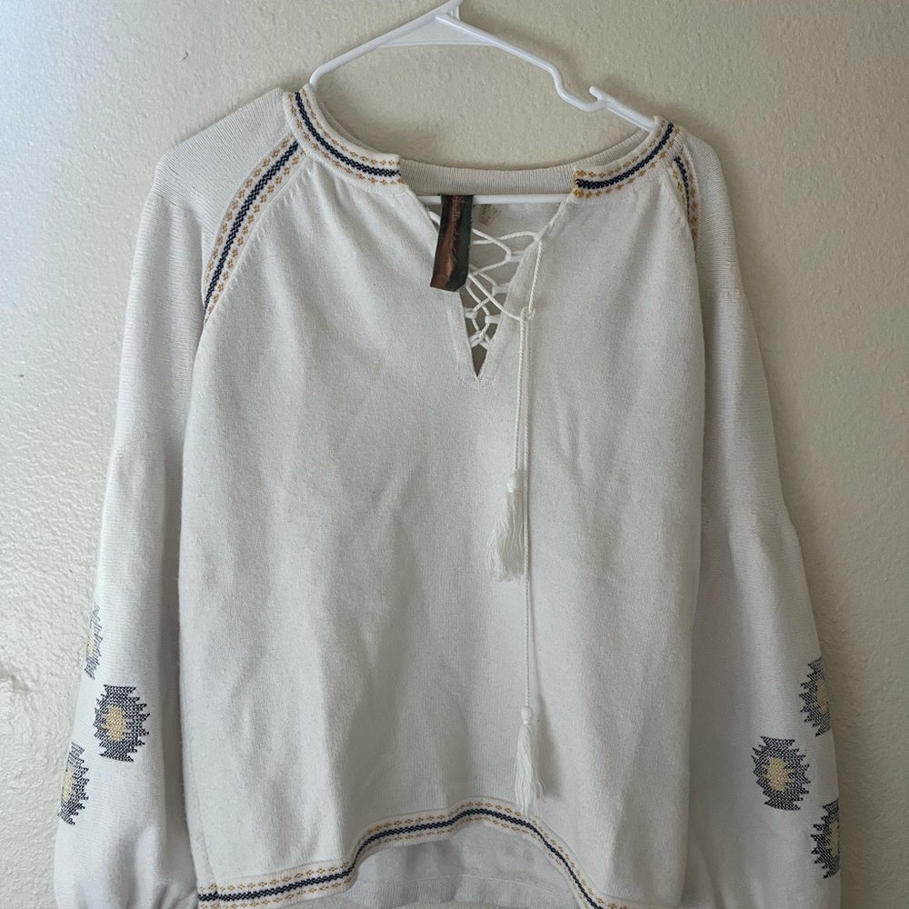 Anthropologie boho style cream sweater with embroidered details